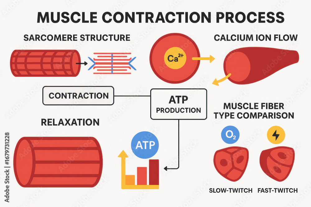 Muscle Contraction Process Illustration Showing Sarcomere Structure Muscle Contraction Process Illustration Showing Sarcomere Structure