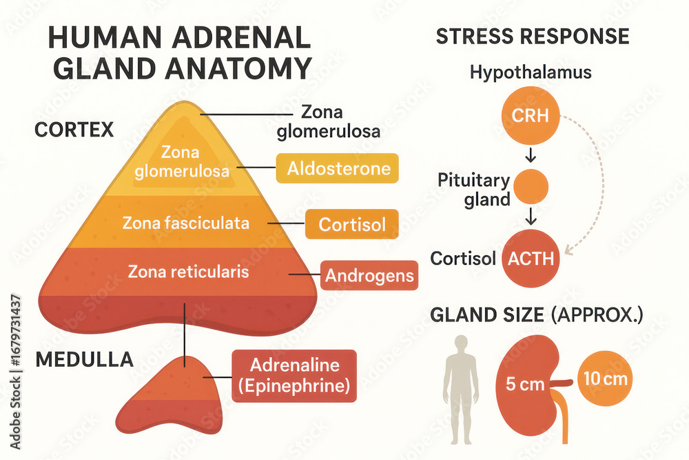 Human Adrenal Gland Anatomy and Stress Response Illustration, hormones ...