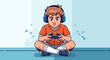 © Muthia - Boy Immersed In Gaming, Wearing Headphones, Playing Video Games, In Creative Illustration