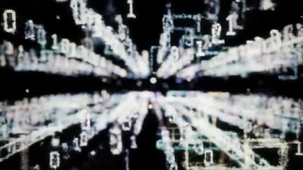 Digital binary code stream creating a futuristic tunnel of light and data