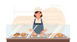 © Ivana - Bakery Scene Depicting Baker Arranging Freshly Baked Goods Behind Glass Counter