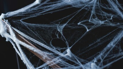 Intricate spider web glistens with dew against a dark, moody background
