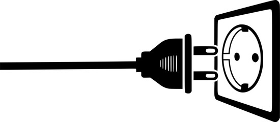 Silhouette of a plug connected to a socket, minimal vector icon for electrical and power concepts.
