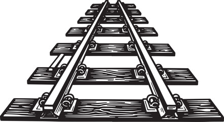 Monochrome depiction of railway tracks vanishing into the distan