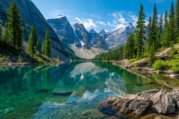 Naklejka na meble Serene mountain lake surrounded by lush trees and towering peaks under a bright blue sky