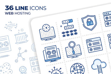 Web hosting icons showing server security and data analysis in a blue and white color scheme set