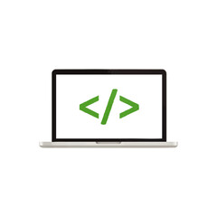 Laptop displaying code symbols on the screen, representing software development and technology.