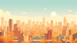 © 963k - 近代的な高層ビル群と紅葉に包まれた秋の都市を描いた風景イラスト。夕暮れに差し込む柔らかな光がビルに反射し、木々の紅葉が鮮やかに彩られる幻想的で美しい秋の都会の景色を表現した背景素材。