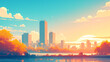 © 963k - 近代的な高層ビル群と紅葉に包まれた秋の都市を描いた風景イラスト。夕暮れに差し込む柔らかな光がビルに反射し、木々の紅葉が鮮やかに彩られる幻想的で美しい秋の都会の景色を表現した背景素材。