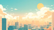 © 963k - 近代的な高層ビル群と紅葉に包まれた秋の都市を描いた風景イラスト。夕暮れに差し込む柔らかな光がビルに反射し、木々の紅葉が鮮やかに彩られる幻想的で美しい秋の都会の景色を表現した背景素材。