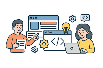 Web UI UX design and coding development. Teamwork concept with programmer and designer. People create website interface. Software engineering, project management, user experience.