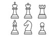 © Dierk - Chess figure outline icon set. King, queen, bishop, knight, rook, pawn. Concept of strategy, game, business, leadership, competition. Vector linear pictogram collection.