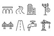 © Andy - Infrastructure construction line icon set. Vector symbols of bridges, roads, utilities, buildings. Linear style graphic elements for web and app design. Urban development.