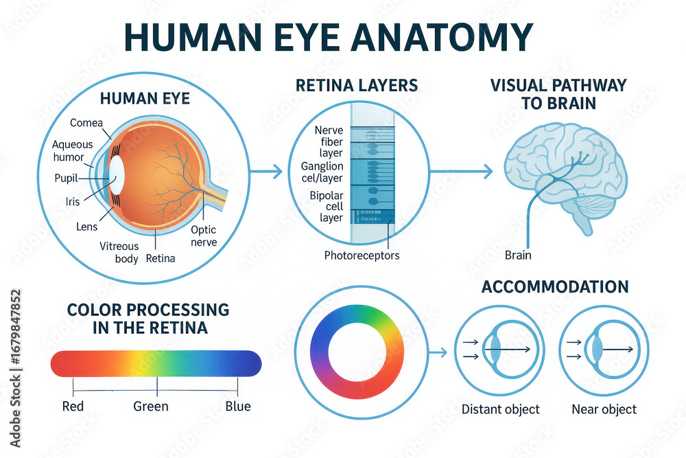 Human Eye Anatomy Diagram: Retina Layers, Visual Pathway and Color ...
