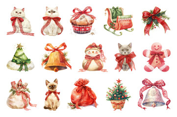 Wall Mural - png festive watercolor holiday illustrations, element set on transparent background