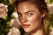 © whitestorm - Close-up portrait of a stunning young woman with radiant skin and surrounded by delicate pink roses, showcasing natural beauty and elegance in a garden setting.