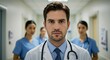 © Image - Confident physician stands in hospital hallway with team of nurses. Focus on determined expression and expertise.