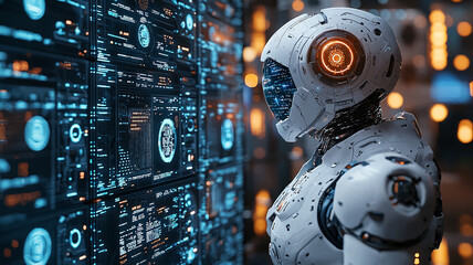 White Robot Analyzing Data on a Glowing Blue Digital Screen