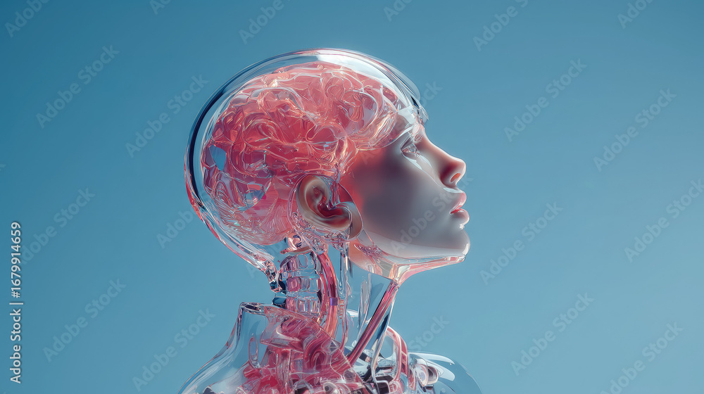 brain in head, 3d model of transparent human with brains, thinking ...