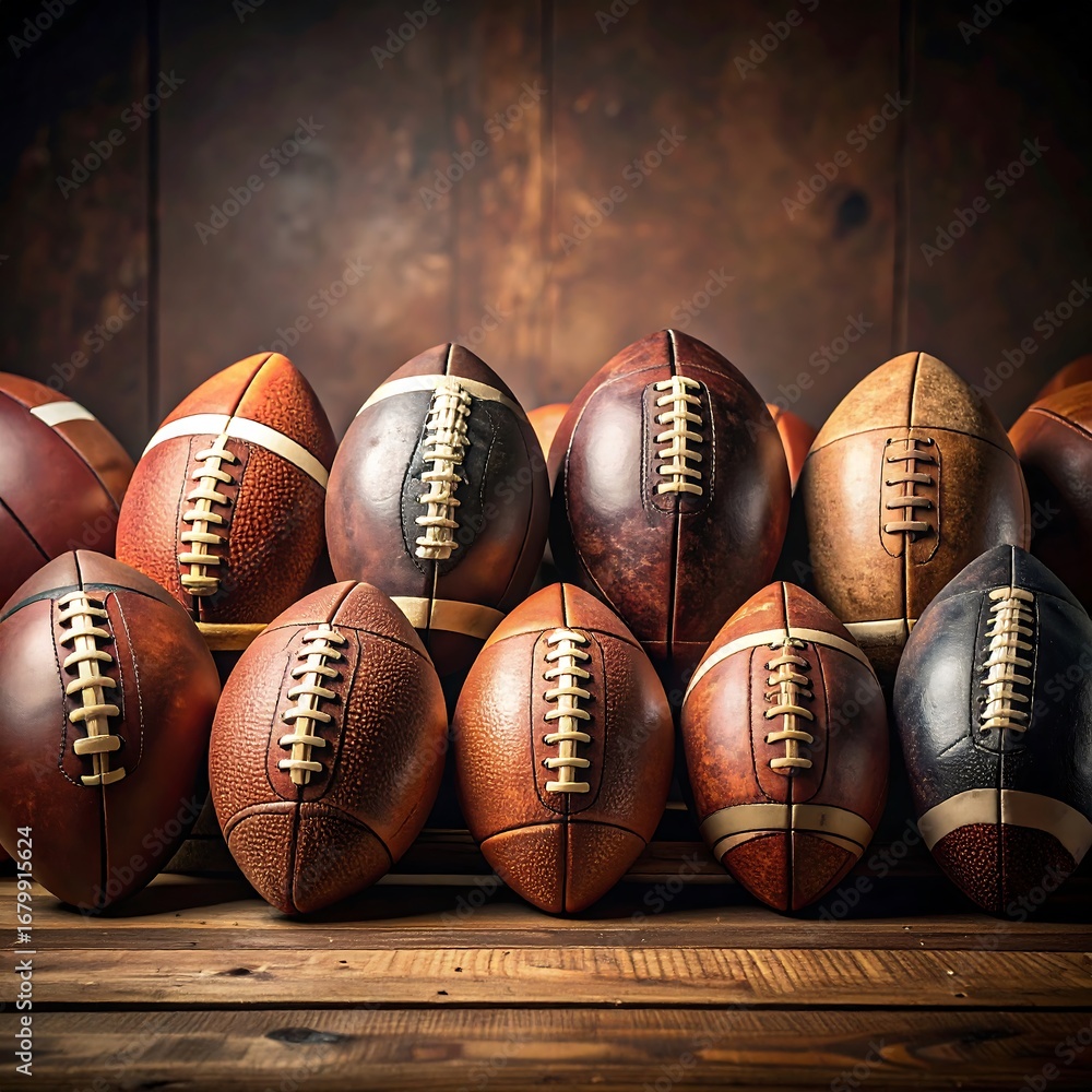 Rustic Football Color In Collection of Vintage American Footballs on a Rustic Wooden Surface ...