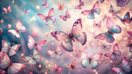 A swarm of delicate pink butterflies with iridescent wings and chaotic patterns