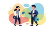 © Creative Vector - Two professionals with laptops and bags engaging in discussion against a colorful, abstract background, representing teamwork and modern business.