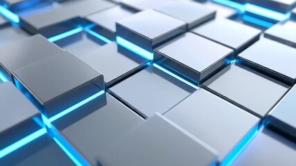 Dynamic metallic cubes animation with vibrant blue lighting effect and geometric structure design