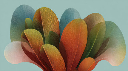 Wall Mural - Colorful abstract design featuring layered leaves in various shades of green, orange, and blue, creating vibrant and dynamic visual effect. composition evokes sense of movement and depth