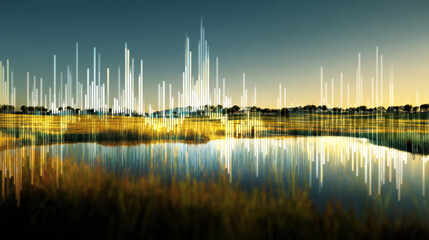 Wall Mural - Serene landscape featuring tranquil body of water reflecting sky, surrounded by lush greenery. scene is enhanced by visual representation of sound waves, creating harmonious blend of nature