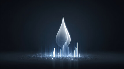 Wall Mural - luminous water droplet hovers above shimmering surface, surrounded by radiant light beams and vertic