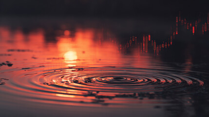 Wall Mural - Ripples form on surface of water during stunning sunset, creating serene atmosphere. warm hues of orange and red reflect beautifully, enhancing tranquil scene