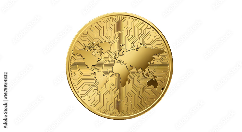 Golden coin with world map and circuit board pattern, isolated on ...