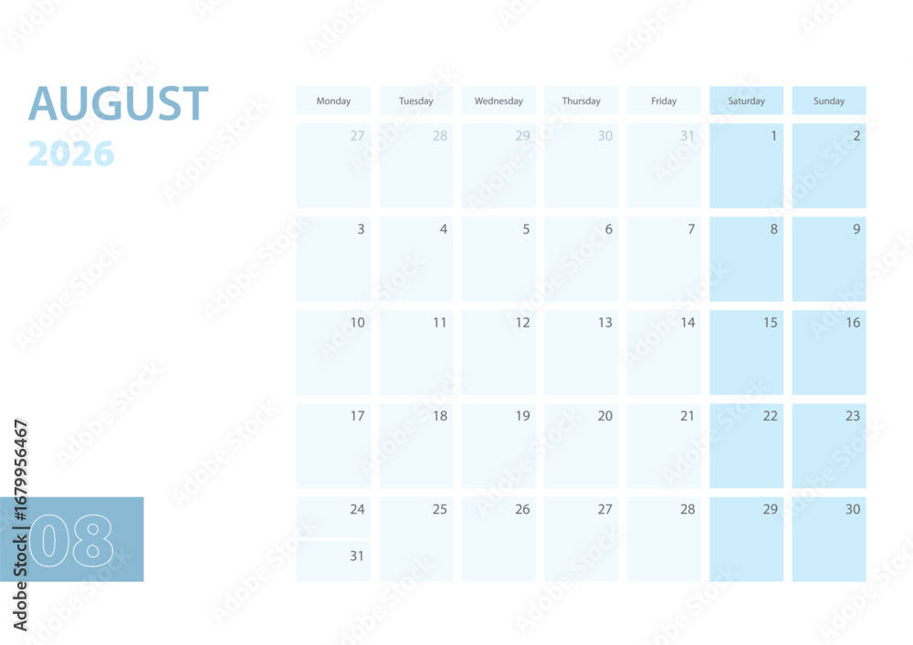 Calendar template for the August 2026, the week starts on Monday. The ...