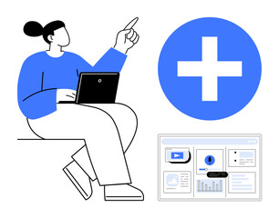Wall Mural - Woman pointing while using a laptop, digital dashboard with analytics, and a prominent plus sign. Ideal for teamwork, innovation, productivity, technology, education, strategy and healthcare themes