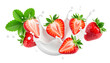 © Muh Saleh  - Strawberries sliced, falling into milk splash, isolated, studio backdrop; food photography for recipes