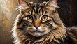 © Raba - Close-up portrait of a striking Maine Coon cat, showcasing its luxurious fur and piercing amber eyes against a muted backdrop of warm tones.