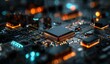 © ALEXANDER - Close-up of a central processing unit on a circuit board, illuminated with orange and teal accents