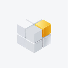 Abstract 3D geometric vector graphic of layered cubes with soft light reflections, featuring a unique golden block standing out from the grey structure