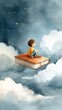 © Newstep - A boy sits on a floating book amidst clouds, gazing into a starry sky, evoking a sense of imagination and adventure.