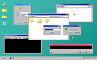 old retro program windows set with isolated images of retro computer app interface with colorful ico