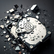 © James - destroyed and shattered hard drive with pieces flying around. Data destruction concept
