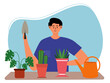 © roundsquid - Man holding shovel to add fertilizer to plants and watering afternoon in house room. Gardening illustration. Flat vector illustration concept.