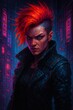 © Amlaba - Cyberpunk Warrior with Red Mohawk and Futuristic Neon Background