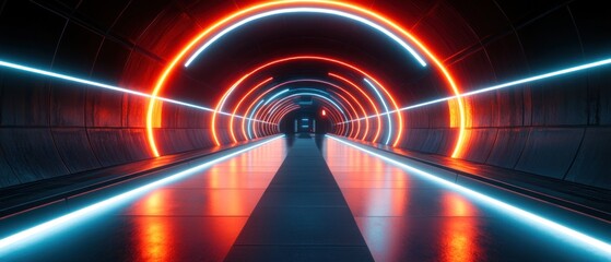 Futuristic Tunnel with Red and Blue Neon Lights