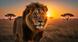 A majestic lion standing in the savanna during a vibrant sunset with acacia trees in background