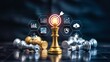 © Pixim Stock - Golden chess king stands tall amidst fallen opponents on a chessboard with illuminated digital icons representing business success and strategic planning