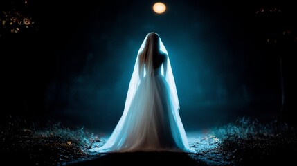 Wall Mural - Enigmatic bride illuminated by moonlight in a dark forest