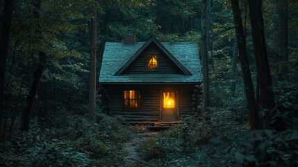 Wall Mural - Enchanted cabin glowing in the forest at twilight