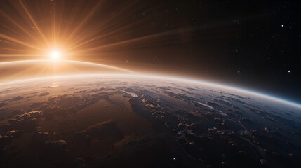The image captures a striking curvature of a distant planets horizon, enhanced by radiant light reflecting off its atmosphere in the vastness of space.