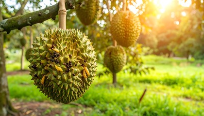 durian fruit hanging from a tree branch in a garden